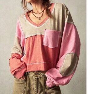 Color Block Reverse Stitch Oversized Long Sleeve Top